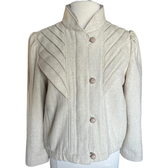 Vintage Jackets & Blazers - Vintage 70s‎ Cream Wool Pleated Sunburst Jacket Puff Shoulder Quiet Luxury
